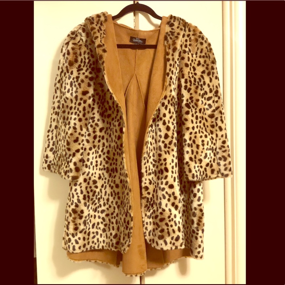 Faux fur leopard hooded swing coat